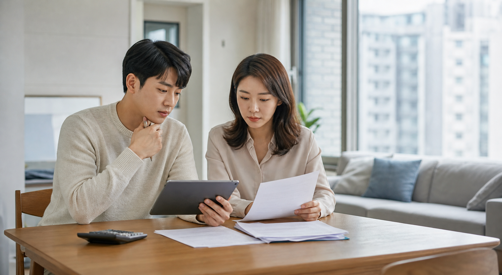전세대출 서류를 검토하는 한국인 부부